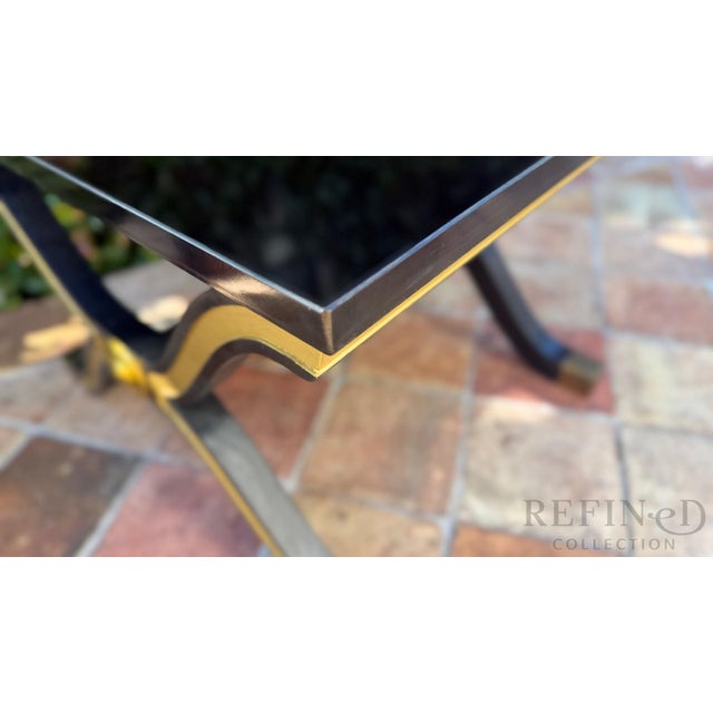 Wood Pair of Hollywood Regency Black Lacquer & Gilt Side Tables by Heritage Furniture, Circa 1980s For Sale - Image 7 of 15