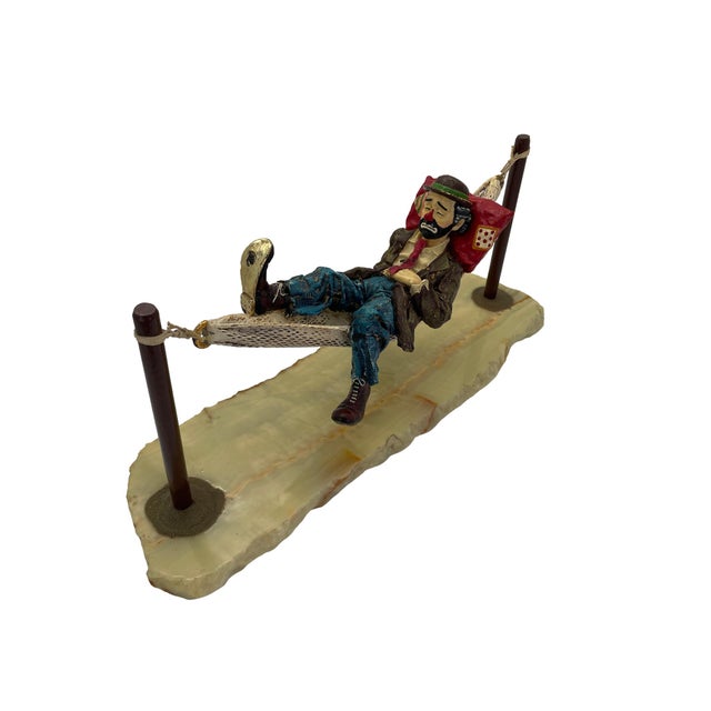 Figurative Signed Ron Lee Hobo Clown Resting in Hammock Sculpture on Natural Onyx Base, 1988 For Sale - Image 3 of 18