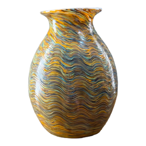 1980s Large Hand-Blown Iridescent Studio Art Glass Vase - Pulled Feather Design