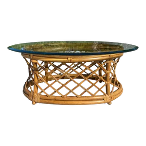 1980s Vintage Boho Coastal Lattice Rattan Glass Top Oval Coffee Table Styled After McGuire