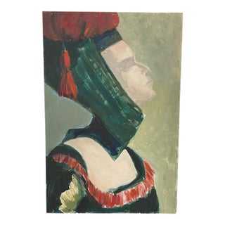 1970s Portrait of a Woman From the Medieval Age by Olga Prell Abstract Painting on Board. For Sale