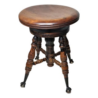 Late Victorian Adjustable Piano Stool With Glass Ball & Claw Feet, Circa 1880-1900 For Sale
