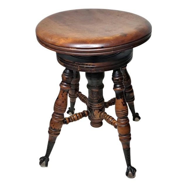 Late Victorian Adjustable Piano Stool With Glass Ball & Claw Feet, Circa 1880-1900 For Sale