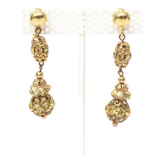 Frank Hess for MIriam Haskell Gold Dangle Clip on Earrings 1990's, A Pair For Sale