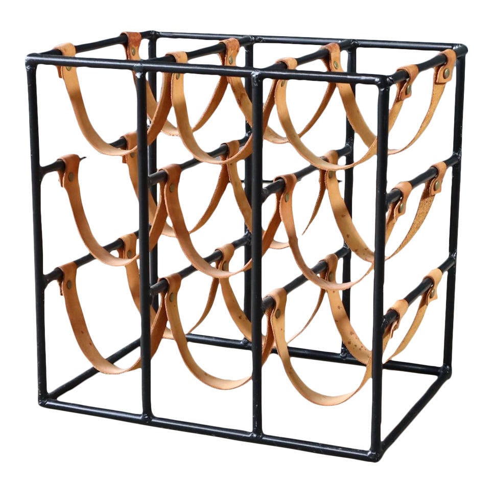 Mid Century Arthur Umanoff 9 Bottle Iron Leather Wine Rack Holder ...