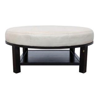 Designer Line, Barbara Barry, Round Leather Top Ottoman With Shelf For Sale