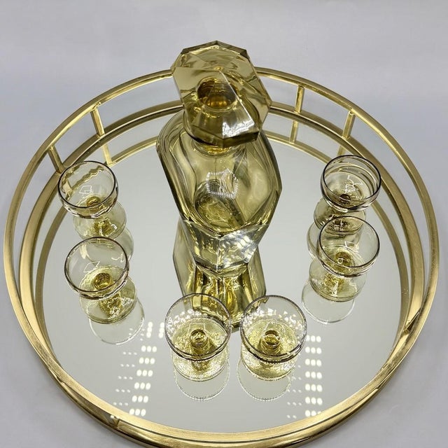 1950s Mid-Century Modern Amber Glass Decanter and Six Liqueur Glasses, 1950s, Set of 7 For Sale - Image 5 of 17