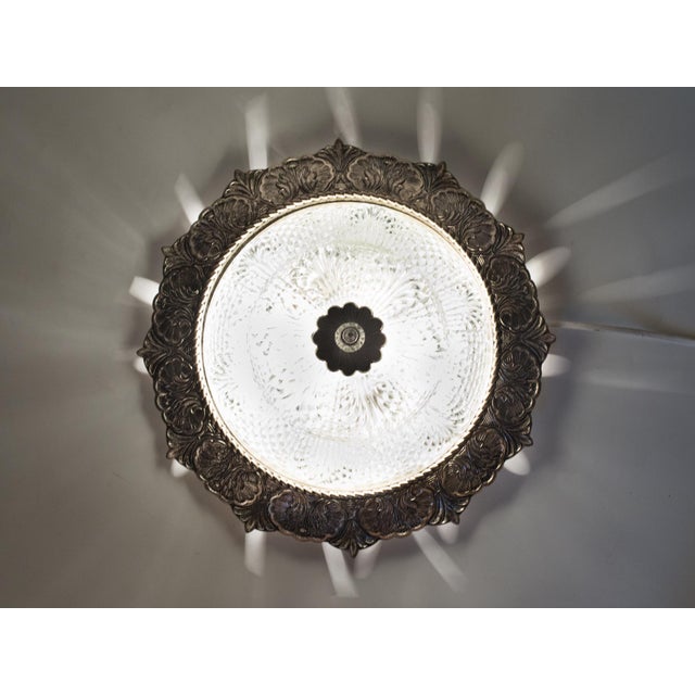 1960s Spanish Neo-Baroque Silvered Cast Zinc & Tiered Pressed Glass Flush Mount Ceiling Light - Fully Restored For Sale - Image 12 of 12