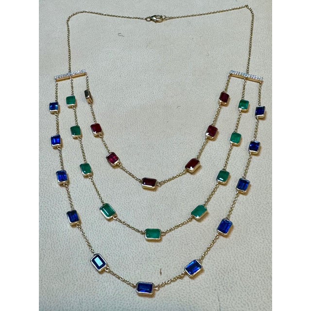 Early 21st Century Three Layer Necklace With Emerald , Ruby & Kyanite with Diamond Bar, 14 KYG 15Gm For Sale - Image 5 of 18