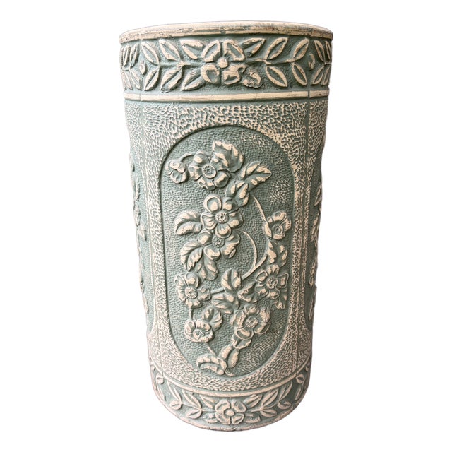Vintage Green Floral Ransbottom Umbrella Stand For Sale