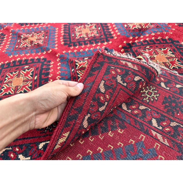 Navy Blue Hand-Knotted Crimson Red and Navy Blue Allover Geometric Wool Area Rug, 6'9" X 4'10" For Sale - Image 8 of 11