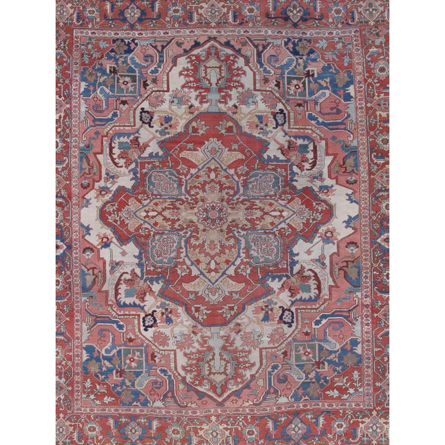 Textile Antique Persian Heriz Carpet Handmade Wool Oriental Rug, Light, Pink, Light Blue For Sale - Image 7 of 18