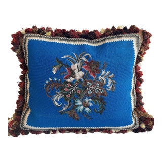 Beautiful antique beadwork pillow with floral design // stunning 21” x 18” decorative pillow // tassel and trim // velvet // hidden zipper For Sale