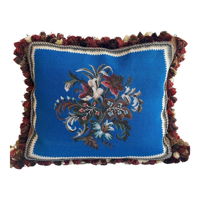 Beautiful antique beadwork pillow with floral design // stunning 21” x 18” decorative pillow // tassel and trim // velvet // hidden zipper For Sale