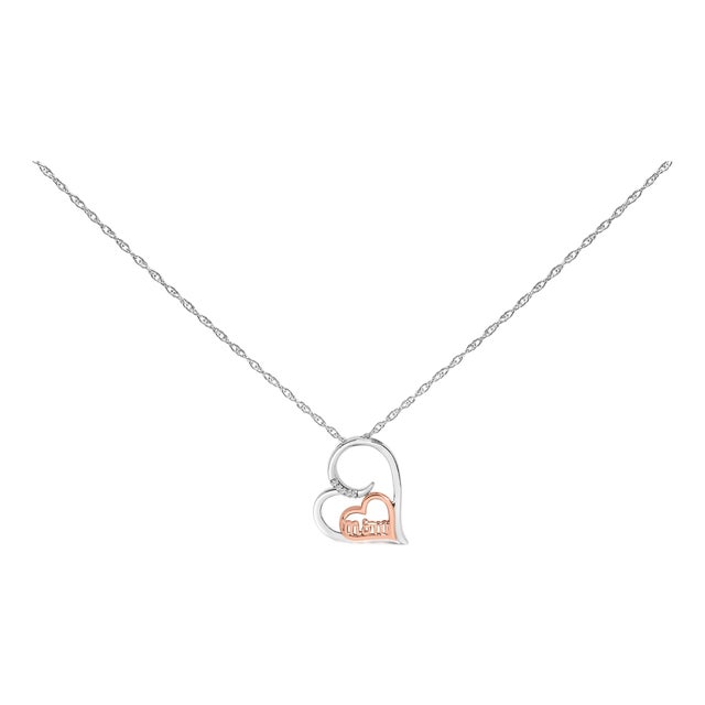 14K Rose Gold Plated Sterling Silver Diamond Accent Mom Heart Pendant Necklace For Sale