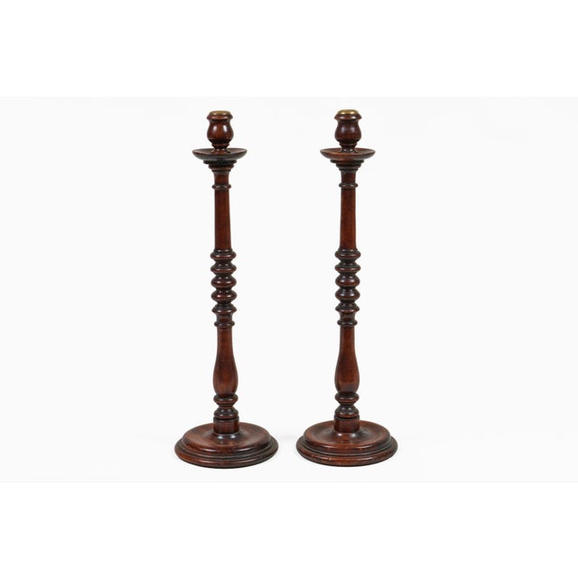 1920s Antique Tall Mahogany Turned and Carved Candlesticks, a Pair For Sale - Image 5 of 7
