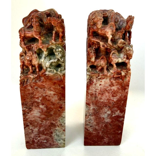 Large MidCentury Chinese Carved Oxblood Pair of Soapstone 8-Horse Seal Bookends For Sale In Reno/Lake Tahoe - Image 6 of 12