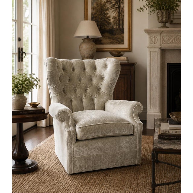 Hollywood Regency Hi BackTufted Wingback Swivel Chair For Sale - Image 3 of 4
