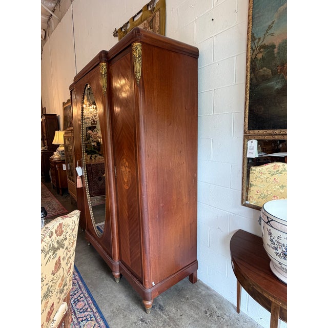 Antique French Louis XVI Marquetry & Ormolu Mirrored Armoire Wardrobe For Sale - Image 4 of 10