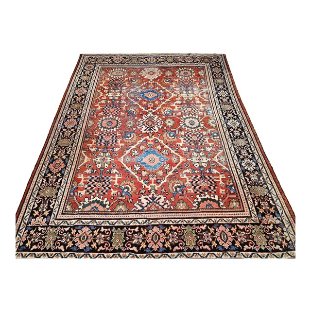 Antique Mahal Sultanabad Rug, Hand-Knotted Wool, Geometric Pattern, 9x12, Red & Navy For Sale