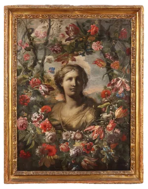 Female Bust and Flower Garland, 1600s-1700s, Painting on Canvas, Framed