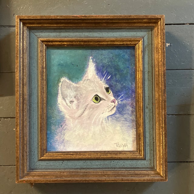 1970’s Original Tanya Jacobi White Kitten Painting Original Frame Signed For Sale In Philadelphia - Image 6 of 6