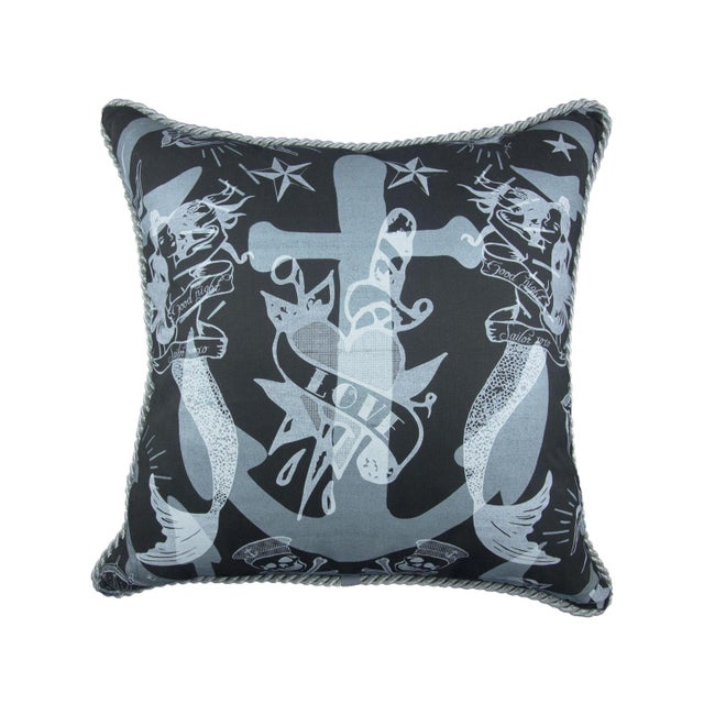 Contemporary Sailors Ruin. Nautical Mermaids 20" Pillow, Black and Blue For Sale - Image 3 of 3