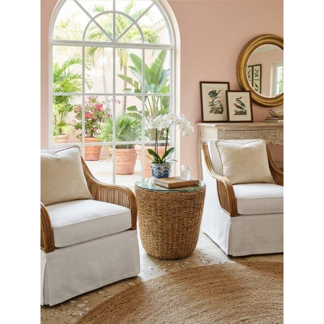 Handcrafted Woven Seagrass Drum Side Table With Glass Top For Sale - Image 10 of 12