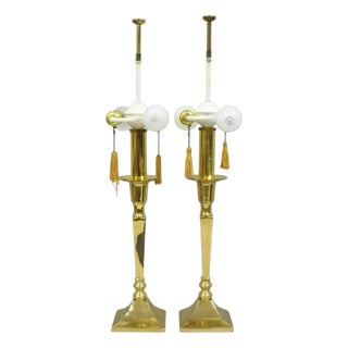 Late 20th Century Hollywood Regency Tommi Parzinger Style Brass Candlestick Table Lamp Pair For Sale
