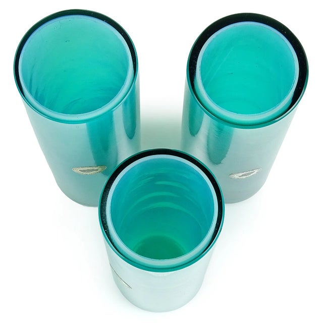 Mid-Century Modern Vintage Murano Teal Blue Green White Opal Italian Art Glass Round Cylinder Flower Vase With Label For Sale - Image 3 of 4