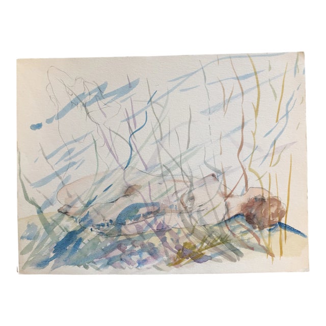 Original Abstract 2 Female Nude Watercolor Painting in Landscape For Sale