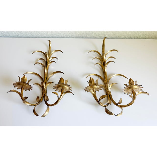 Hollywood Regency 1960s Gilded Toleware Candle Sconces - A Pair For Sale - Image 3 of 13