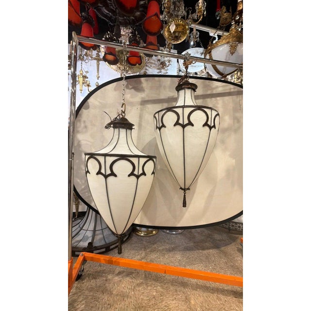 Glass 1900 Leaded Glass Large Light Fixture For Sale - Image 7 of 7