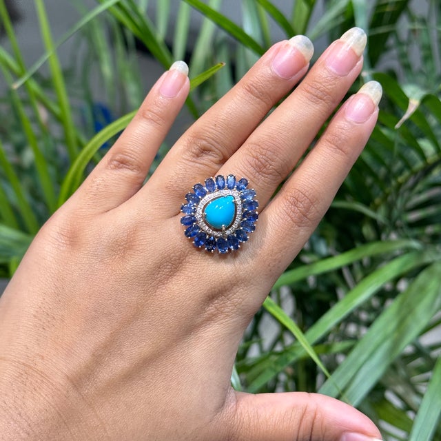 14k Yellow Gold 8.41ct Turquoise, Blue Sapphire & Diamond Floral Art Deco Ring Size 6.5 For Sale In New York - Image 6 of 18