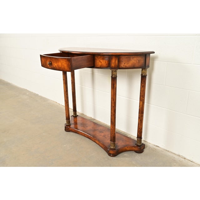 Maitland Smith Style French Empire Burl Wood and Gold Gilt Demilune Console Table For Sale In South Bend - Image 6 of 16