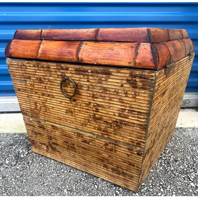Oversized Vintage Woven Bamboo/Rattan Handled Basket For Sale In Miami - Image 6 of 12