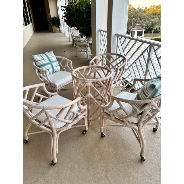 Henry Link Dining Set. Fully Refurbished, New Upholstered Seats. Chippendale, White Washed Chairs and Table With Glass. Classic Coastal Design For Sale - Image 10 of 12