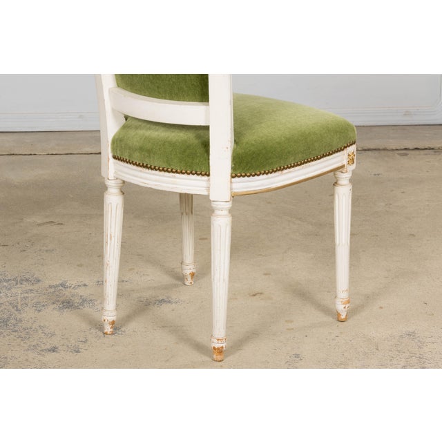 Antique French Louis XVI Style Painted Accent Chair in Moss Green Mohair For Sale - Image 18 of 18