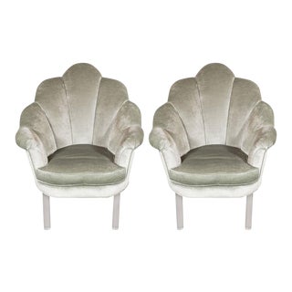 1940s Hollywood Shell Occasional Chairs with Channel Tufting and Lucite Legs For Sale