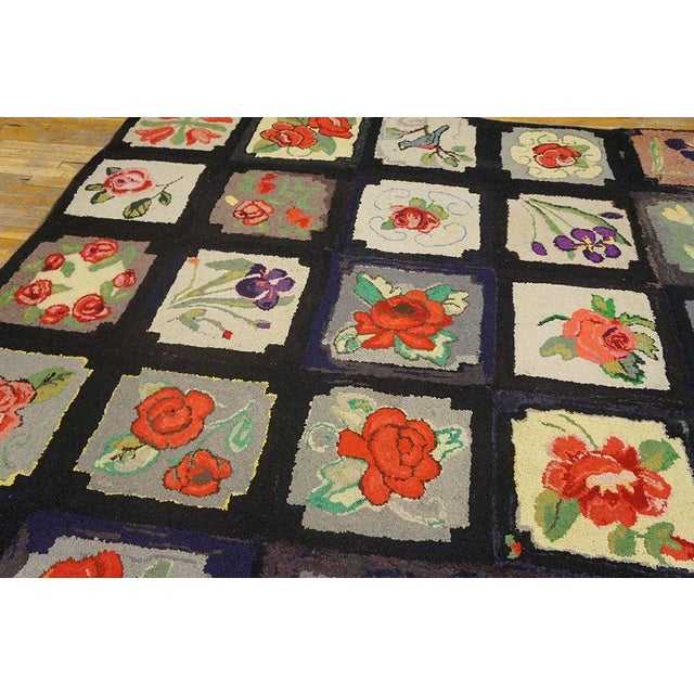 1930s Black Roses Birds Folk Art Antique American Hooked Rug 7' 10'' X 7' 10'' Woven Wool Carpet For Sale - Image 4 of 9