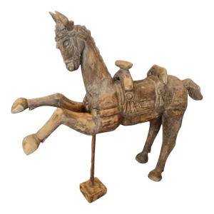 Large Whimsical Antique Hand Carved Wooden Horse Sculpture