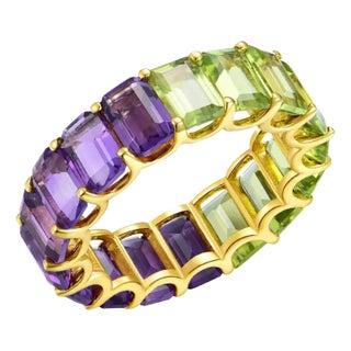 Kai Emerald-Cut Amethyst & Peridot Duo Eternity Ring in 14k Solid Gold, size 5 For Sale