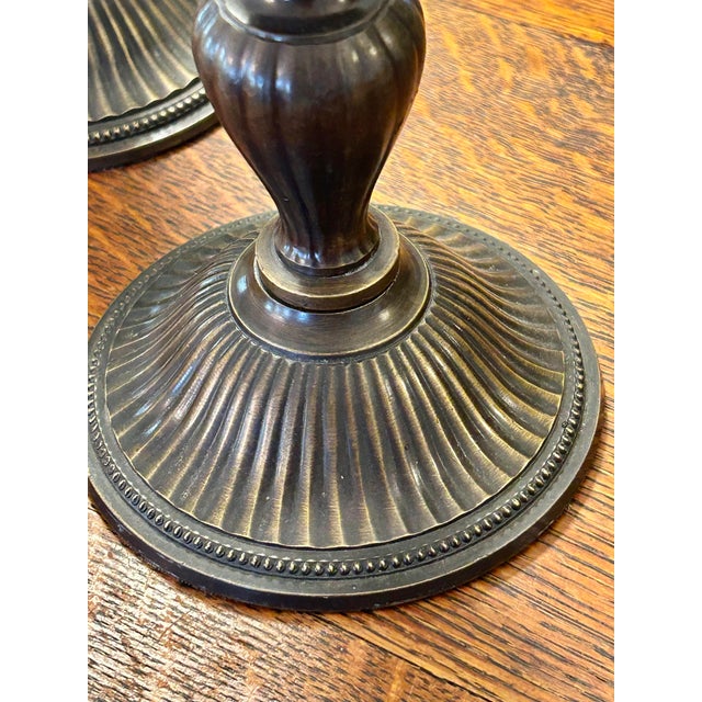 Vintage Bronze Finish Brass Candleholders With Etched Glass Globes - A Pair For Sale - Image 9 of 12