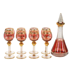 Exquisite Moser Cranberry Paneled Cut Crystal Wine Goblet / Decanter Service