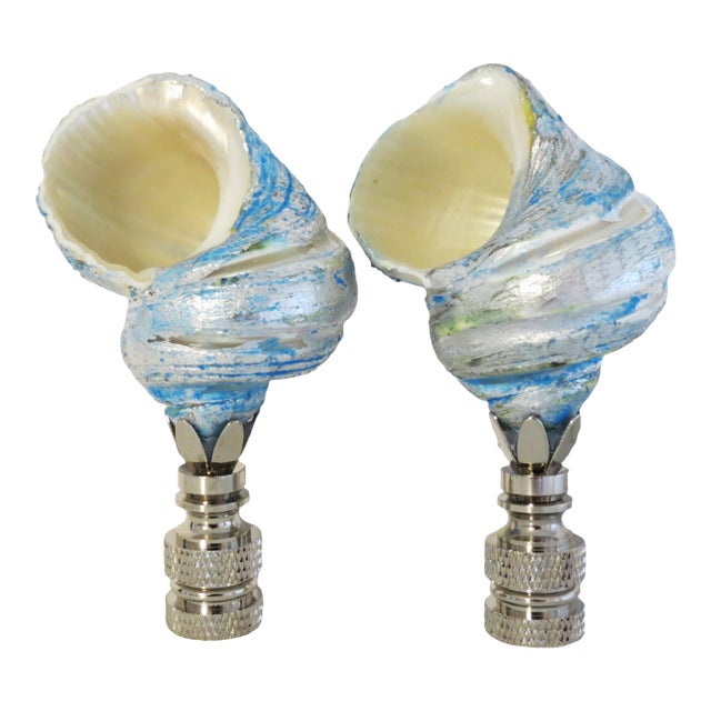 Fiji Shell Lamp Finials, Pearl Finish Blue and Silver Leaf Swirls, Coastal Decor, Pair For Sale
