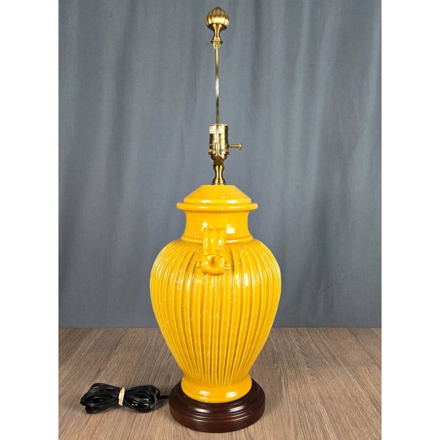 2010s Wildwood Yellow Ribbed & Handled Pottery Urn Table Lamp For Sale - Image 5 of 14