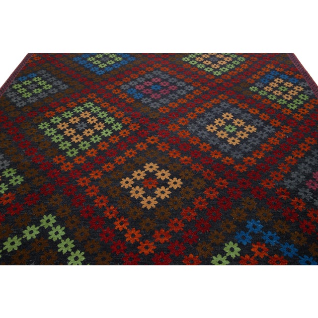 Dark Gray Modern Soumak Wool Rug Handmade Multicolor With Geometric Designed For Sale - Image 8 of 10