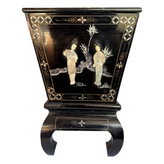 Vintage Asian Black Lacquer Ice Bucket on Stand With Lid & Liner or Planter Stand For Sale