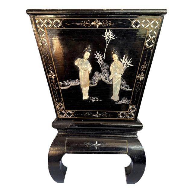 Vintage Asian Black Lacquer Ice Bucket on Stand With Lid & Liner or Planter Stand For Sale