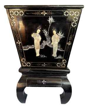 Vintage Asian Black Lacquer Ice Bucket on Stand With Lid & Liner or Planter Stand
